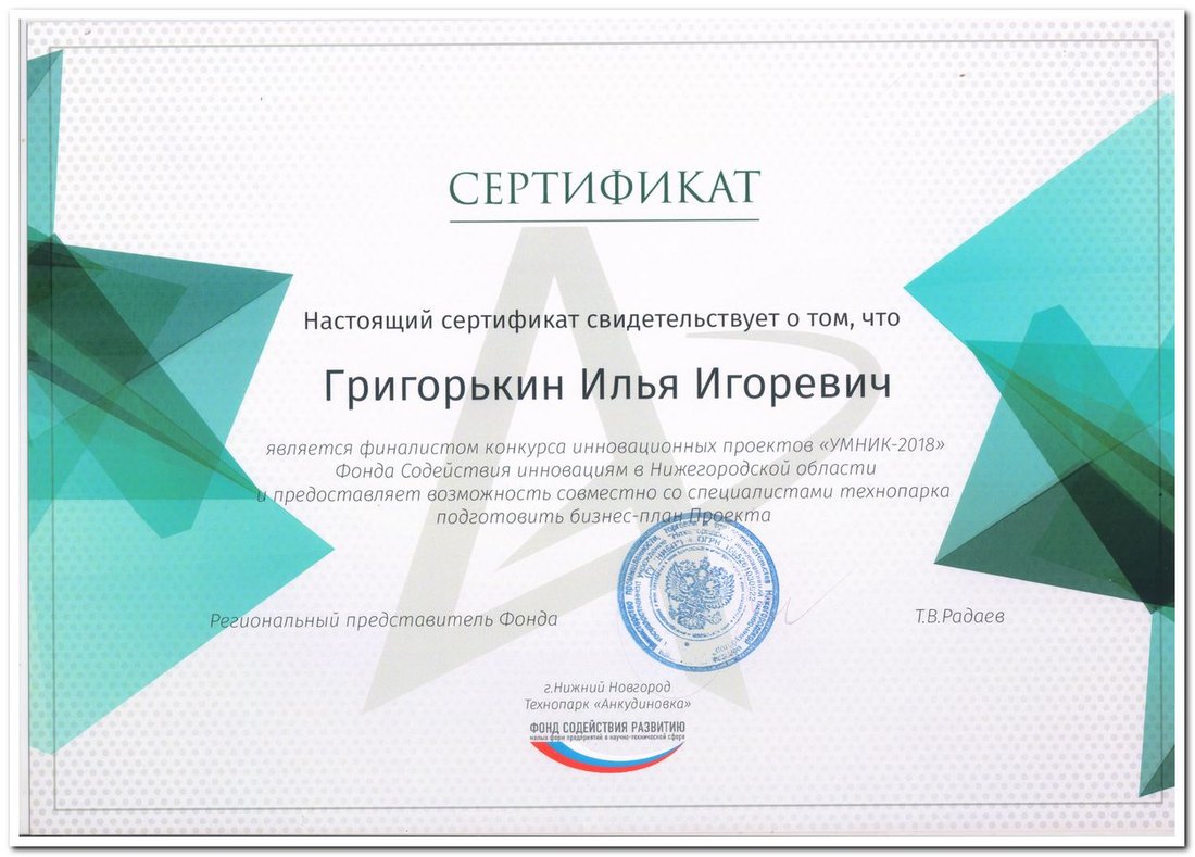 Диплом финалиста конкурса УМНИК‑2018